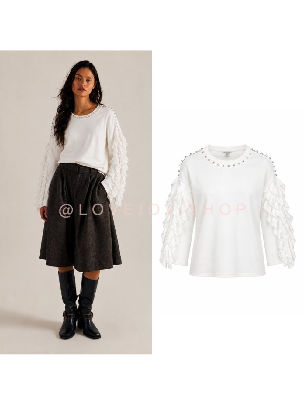 Whimsigoth | Stellah White Scuba Pearl Trim Ruffle Statement Sleeve Sweatshirt L